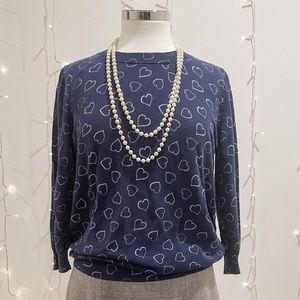 J. Crew Cotton Tippi Sweater, blue w/ white printed hearts, size M, VGUC!